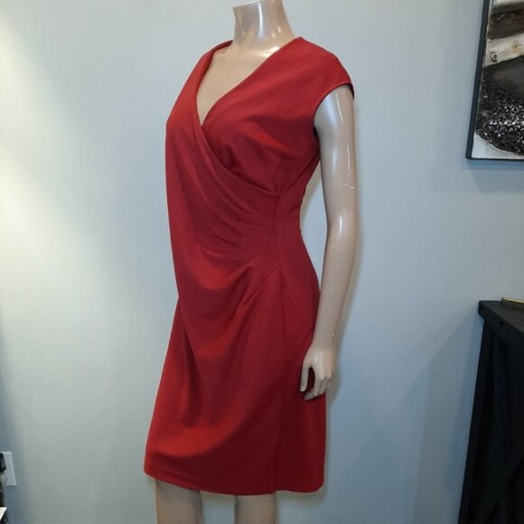 Evan Picone Ponte Faux Wrap Dress Pleated Gathered Cap Sleeve Surplice - Picture 4 of 14